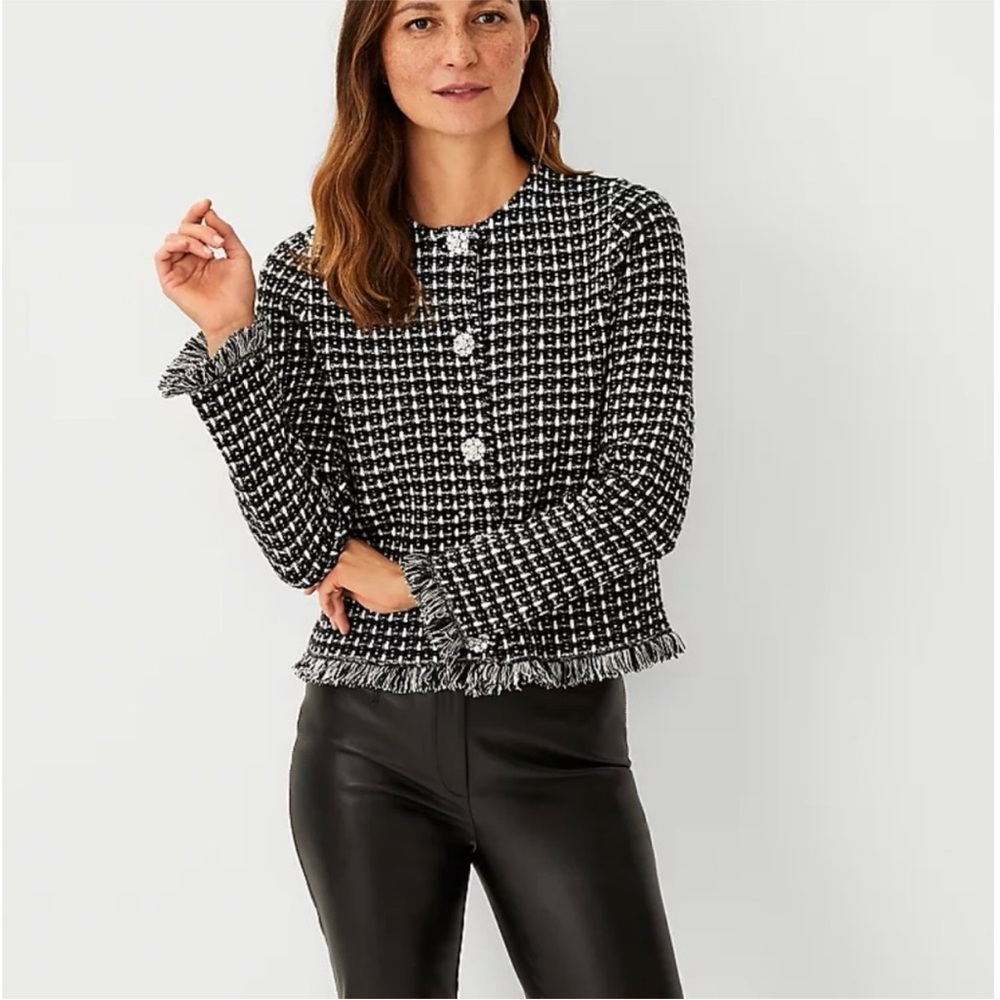 NWT Ann Taylor Black & White Jacket Sweater w/ Rhinestone Buttons, L
